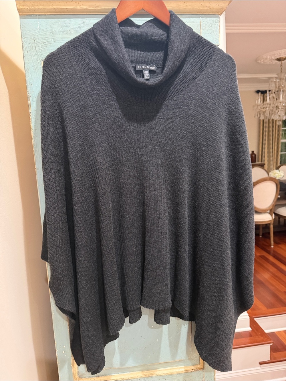 Eileen Fisher Italian Yarn Ribbed Knit Poncho Sweater Cowl Neck One Size